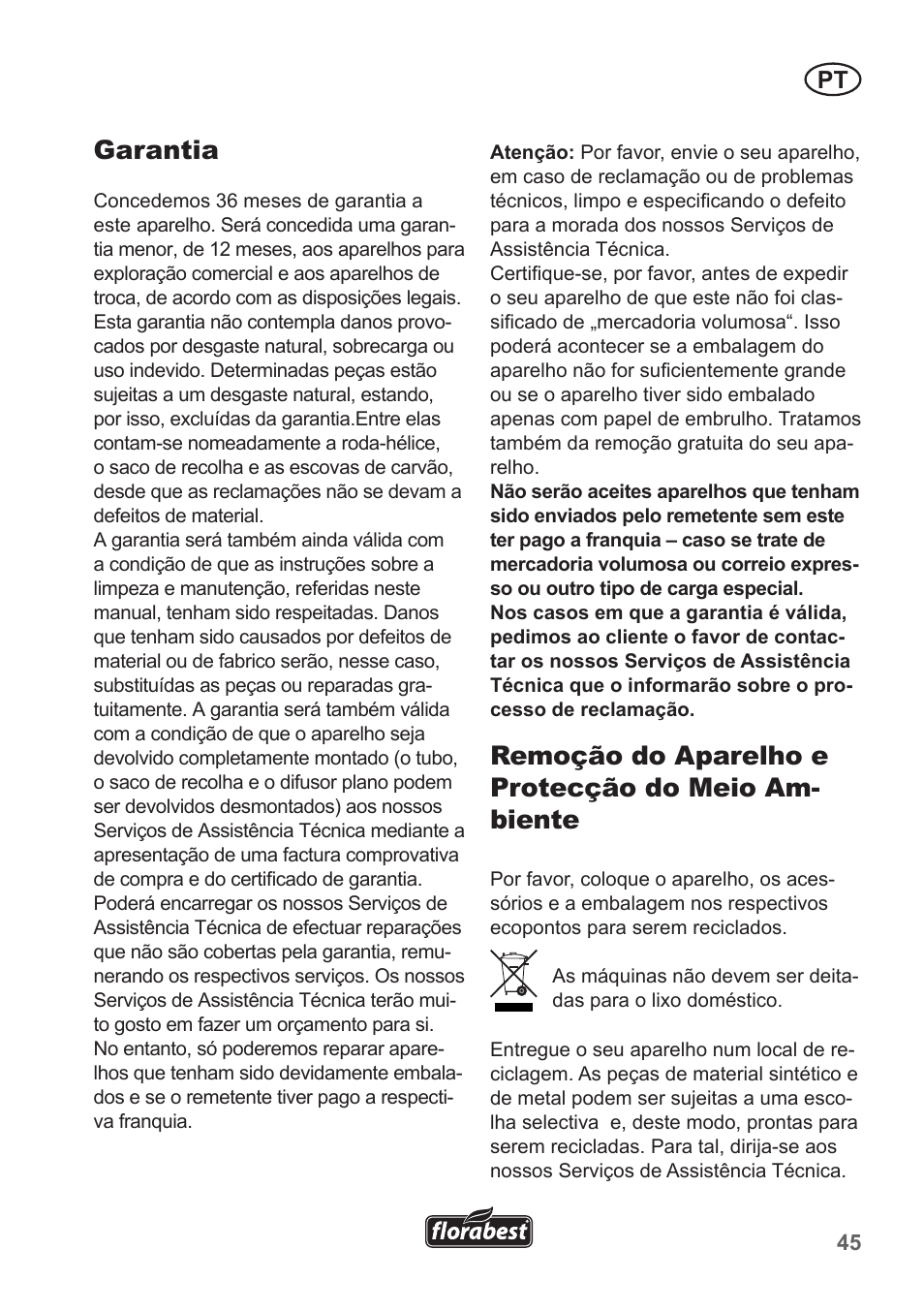 Garantia, Remoção do aparelho e protecção do meio am- biente | Florabest FLB 2500 A2 User Manual | Page 45 / 79