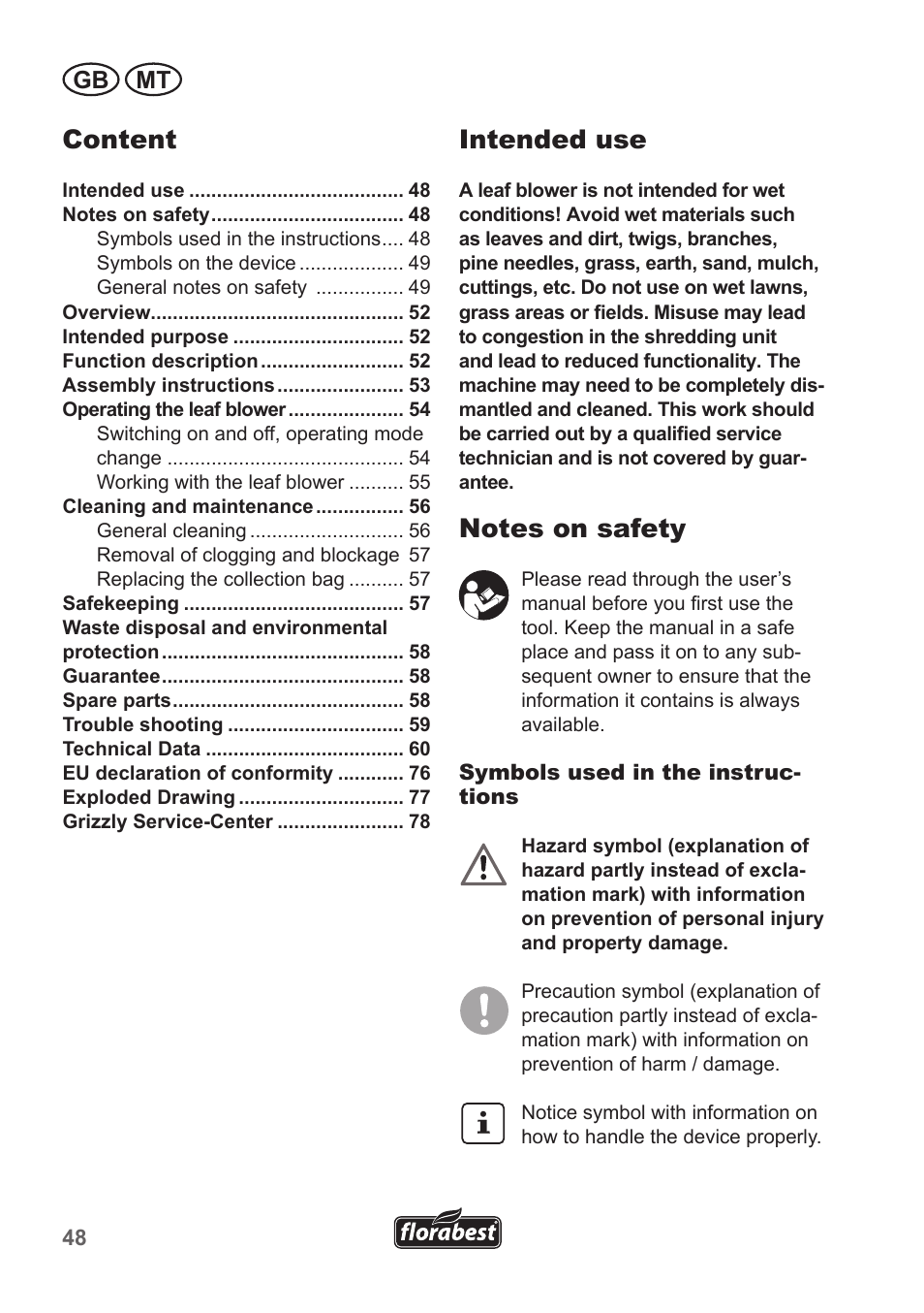 Intended use, Content, Gb mt | Florabest FLB 2500 A2 User Manual | Page 48 / 79