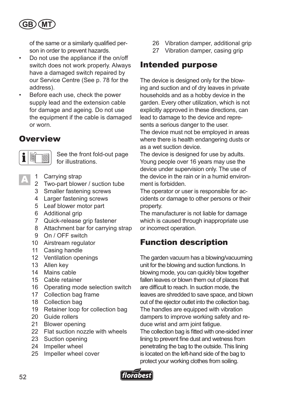 Overview, Intended purpose, Function description | Gb mt | Florabest FLB 2500 A2 User Manual | Page 52 / 79