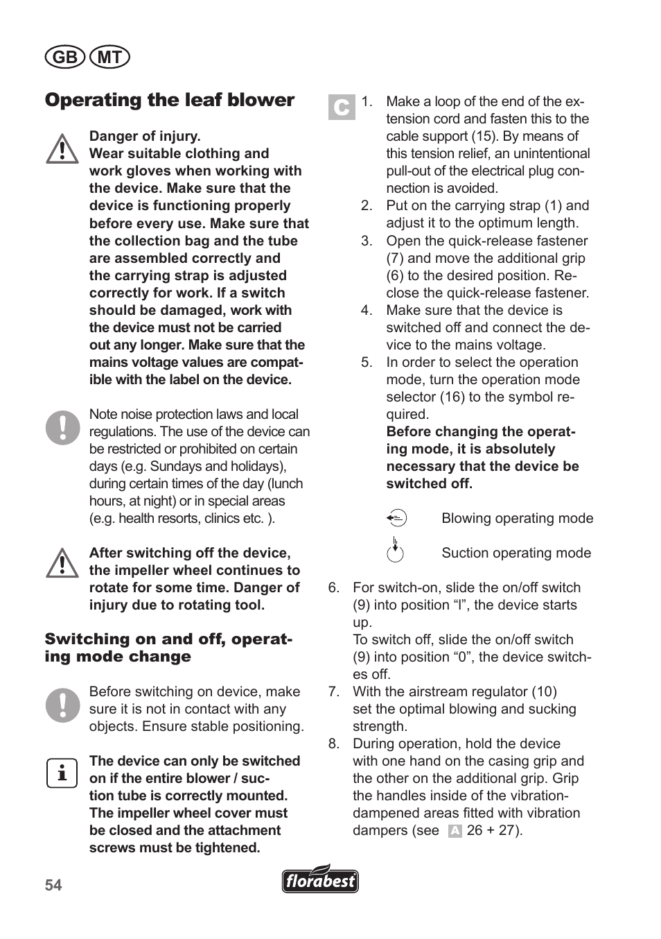 Operating the leaf blower, Gb mt | Florabest FLB 2500 A2 User Manual | Page 54 / 79