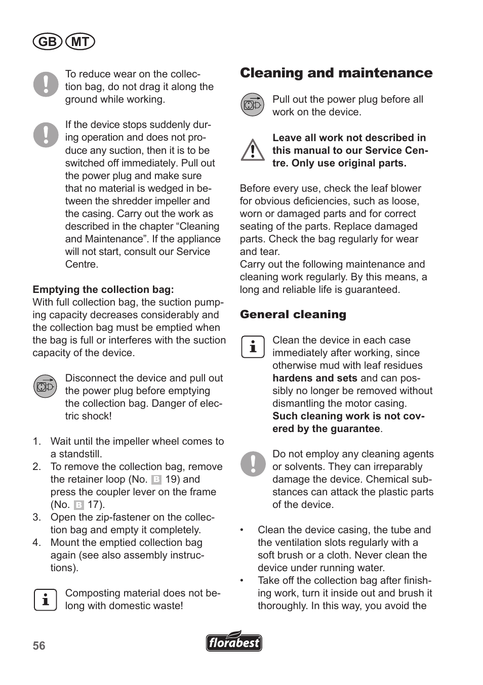 Cleaning and maintenance, Gb mt | Florabest FLB 2500 A2 User Manual | Page 56 / 79