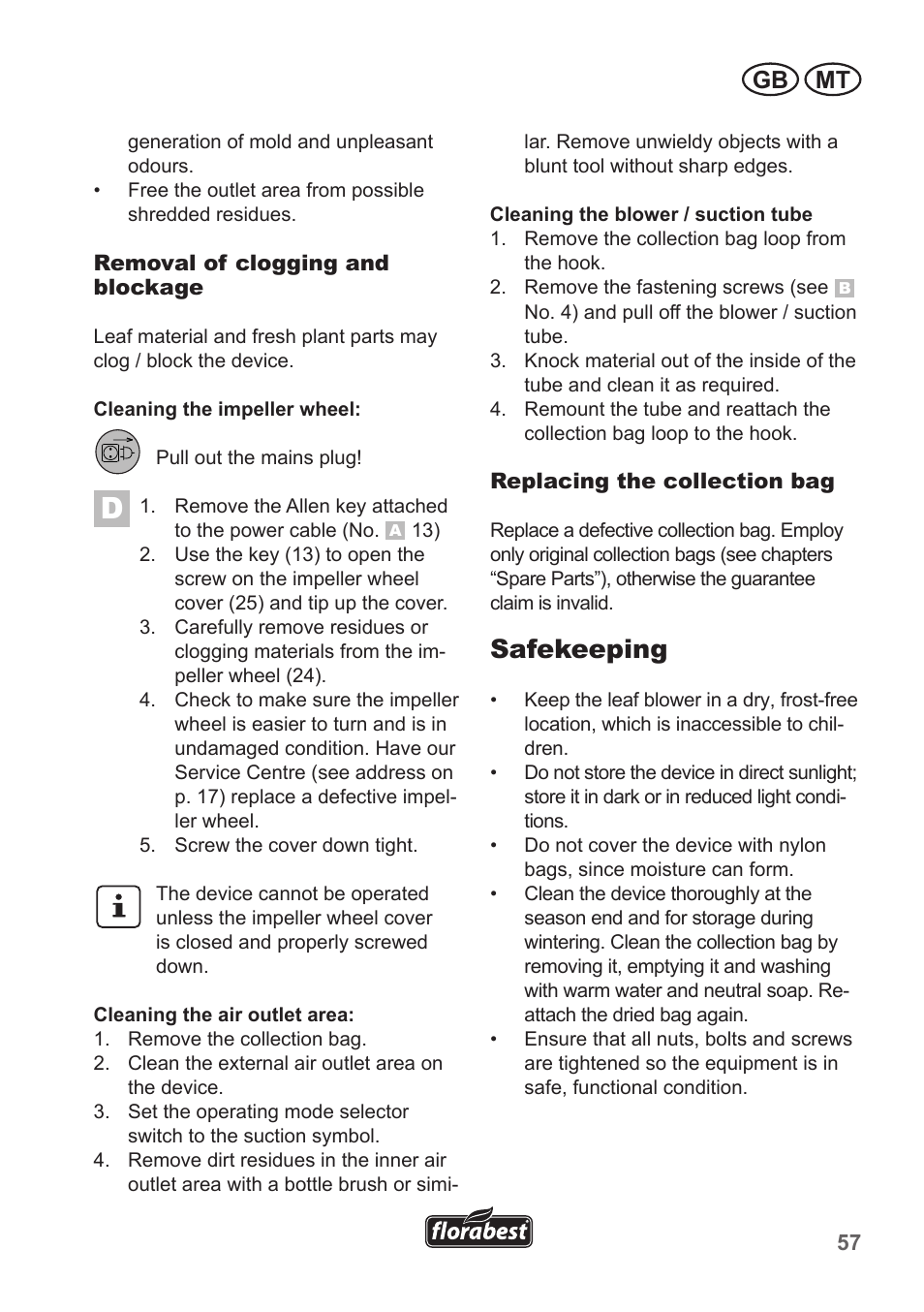 Safekeeping, Gb mt | Florabest FLB 2500 A2 User Manual | Page 57 / 79