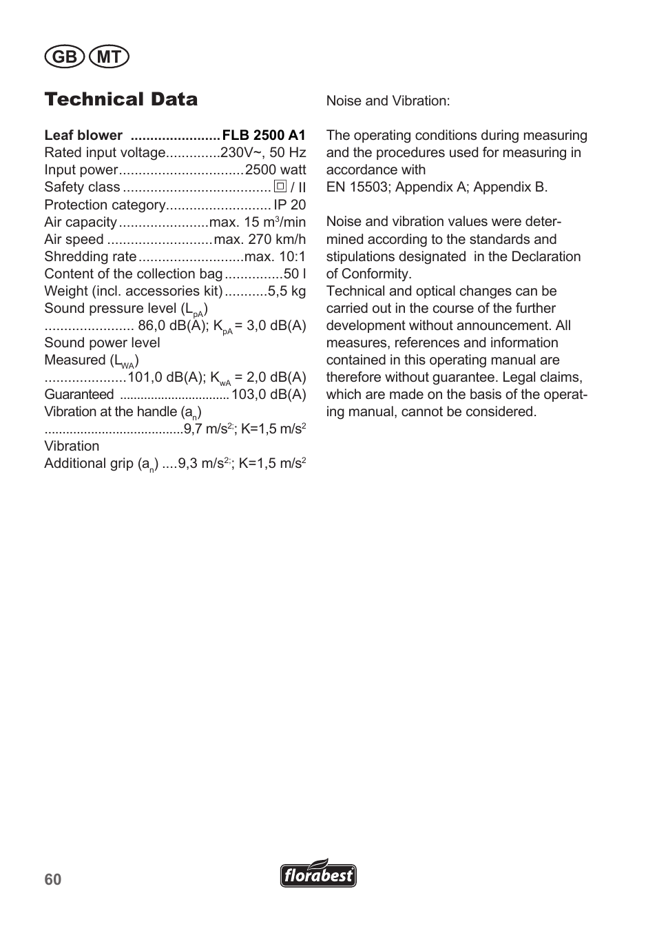 Technical data, Gb mt | Florabest FLB 2500 A2 User Manual | Page 60 / 79