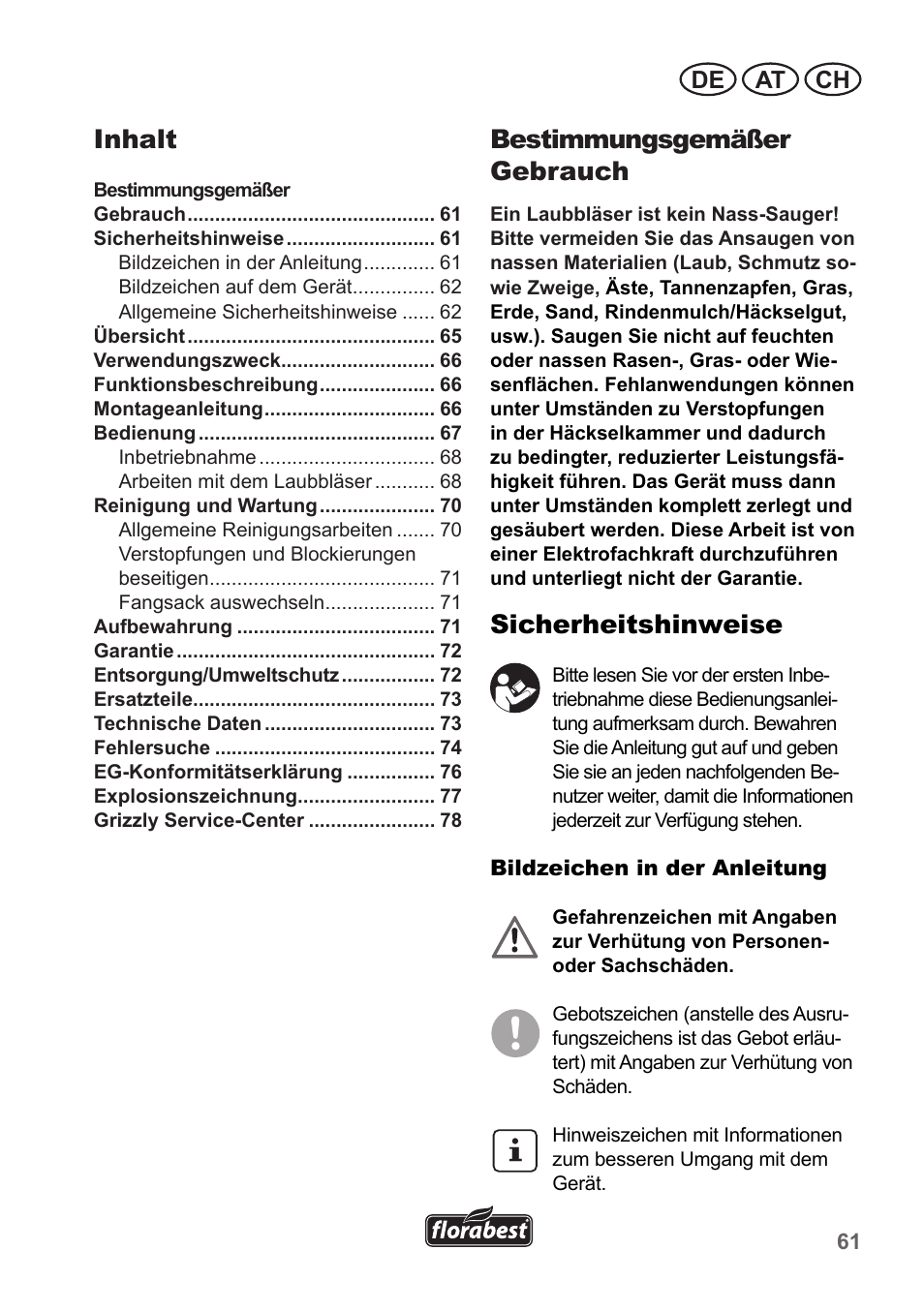 Bestimmungsgemäßer gebrauch, Sicherheitshinweise, Inhalt | De at ch | Florabest FLB 2500 A2 User Manual | Page 61 / 79