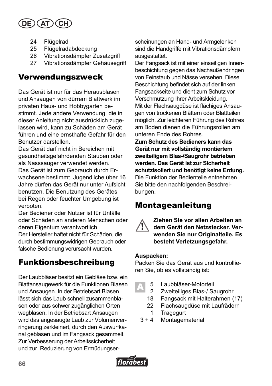 Verwendungszweck, Funktionsbeschreibung, Montageanleitung | De at ch | Florabest FLB 2500 A2 User Manual | Page 66 / 79