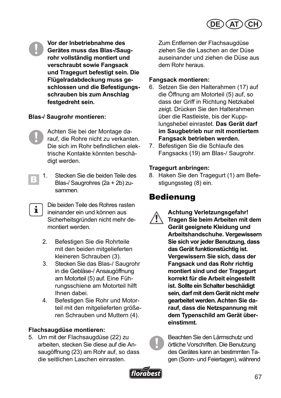 Bedienung, De at ch | Florabest FLB 2500 A2 User Manual | Page 67 / 79