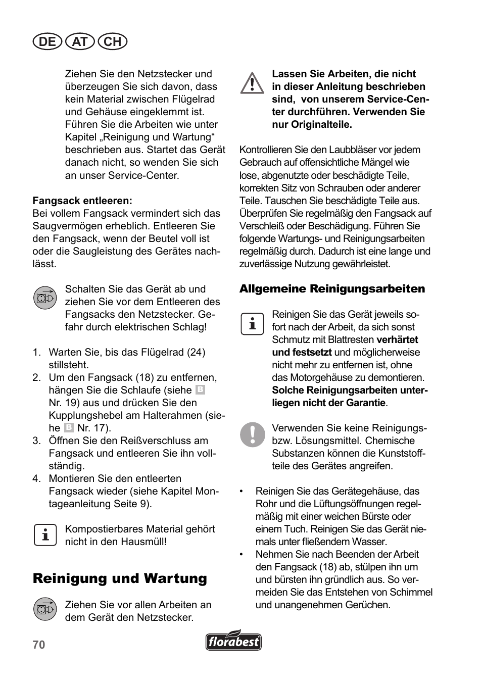 Reinigung und wartung, De at ch | Florabest FLB 2500 A2 User Manual | Page 70 / 79