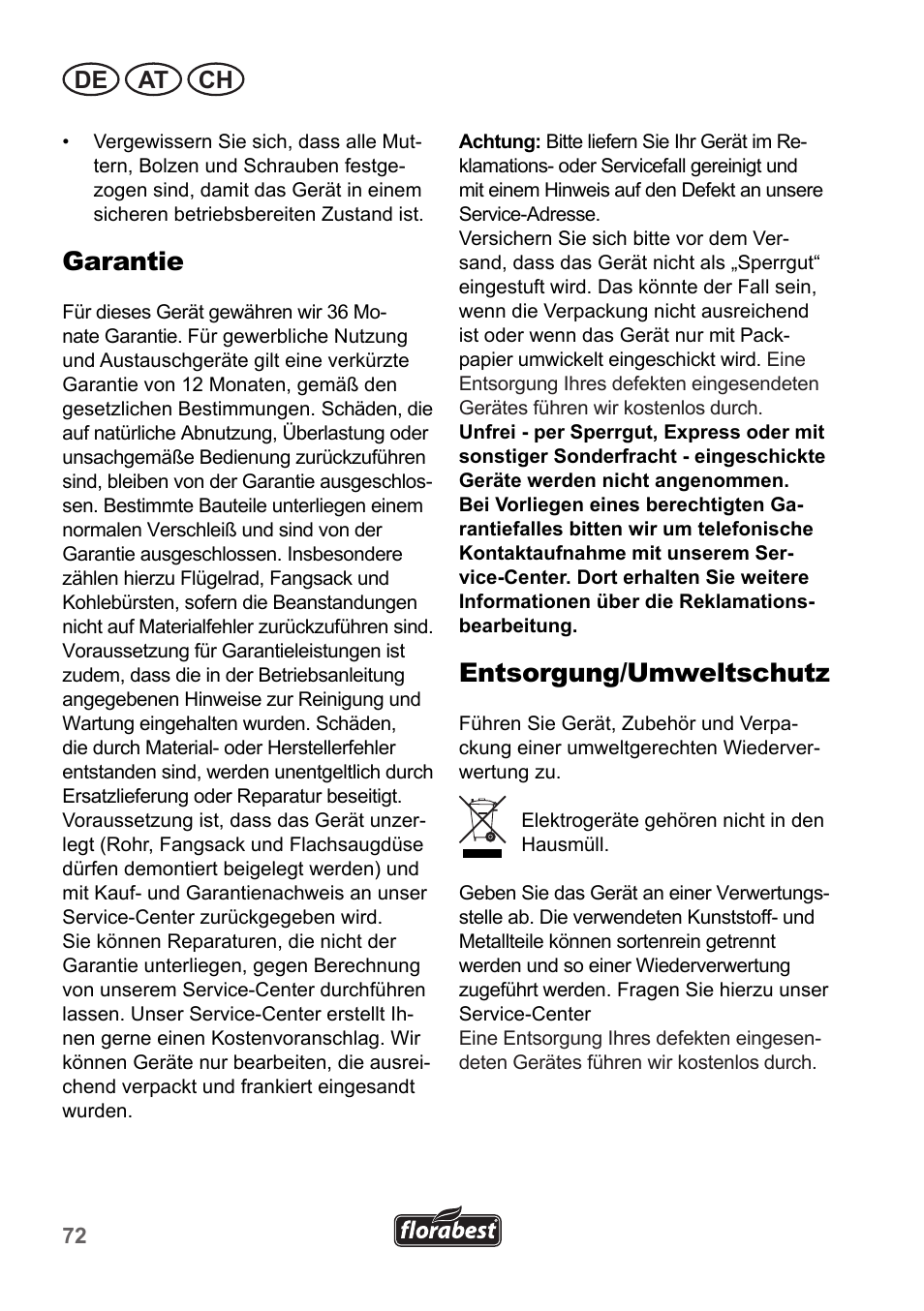 Garantie, Entsorgung/umweltschutz, De at ch | Florabest FLB 2500 A2 User Manual | Page 72 / 79