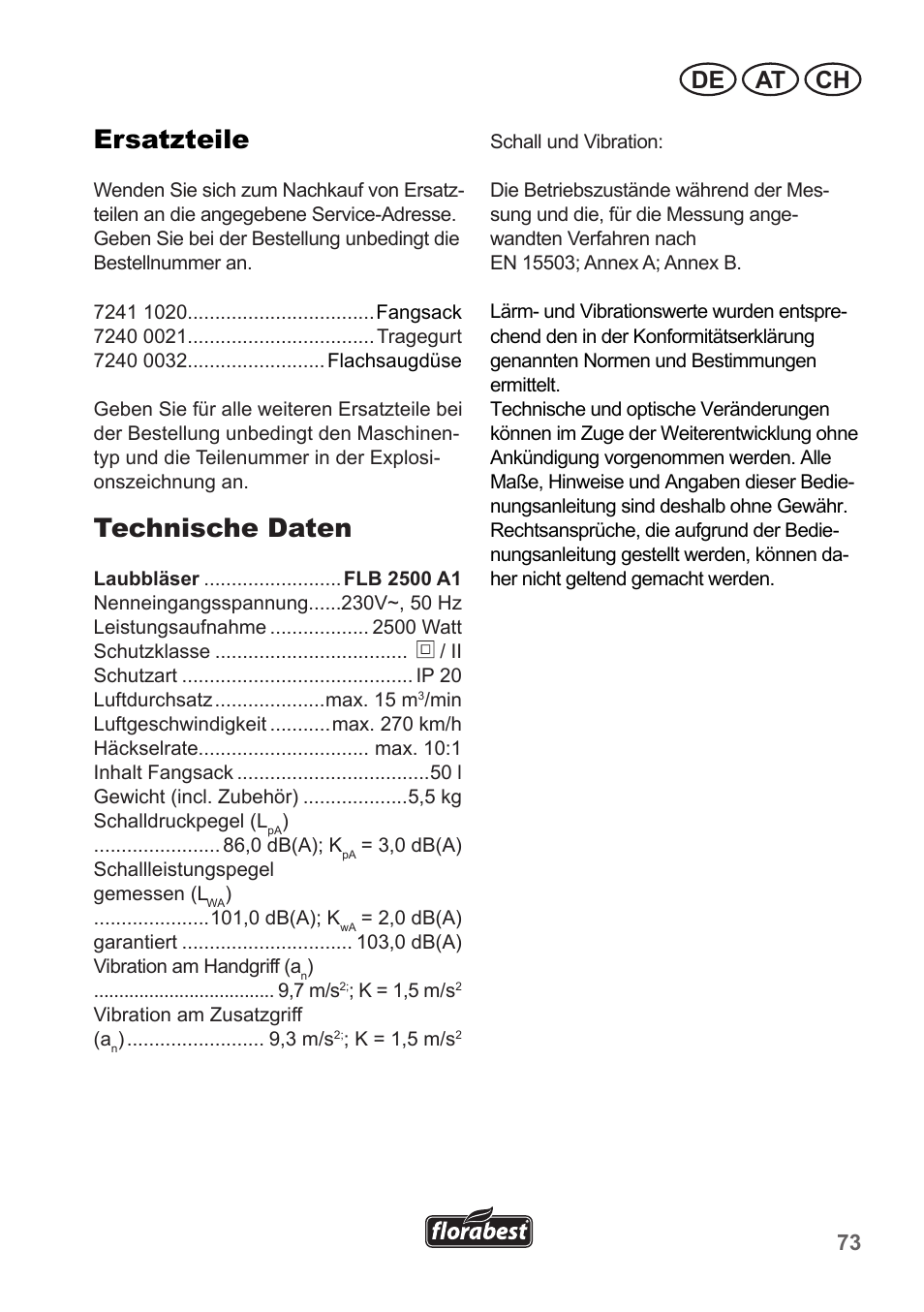 Ersatzteile, Technische daten, De at ch | Florabest FLB 2500 A2 User Manual | Page 73 / 79