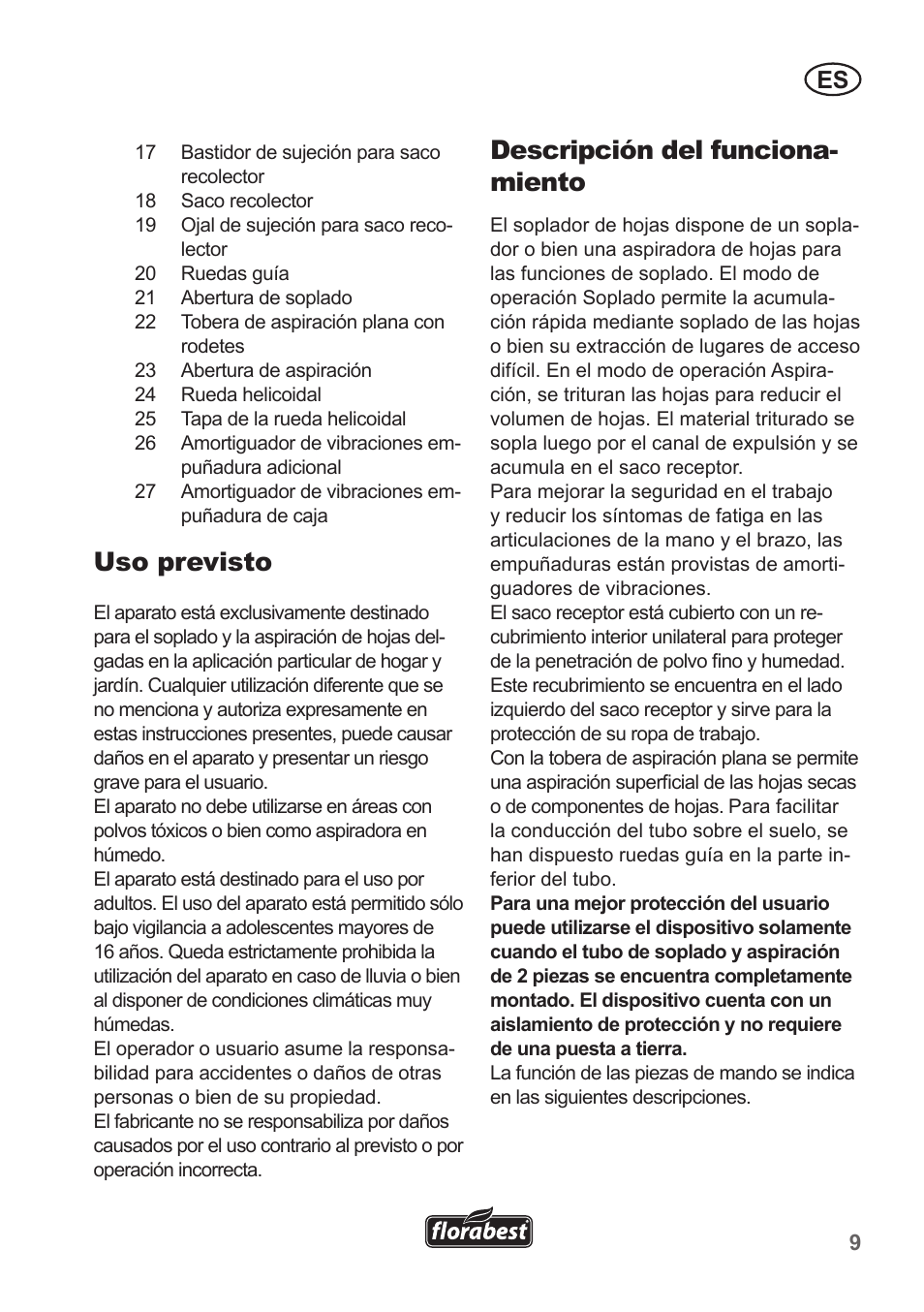 Uso previsto, Descripción del funciona- miento | Florabest FLB 2500 A2 User Manual | Page 9 / 79