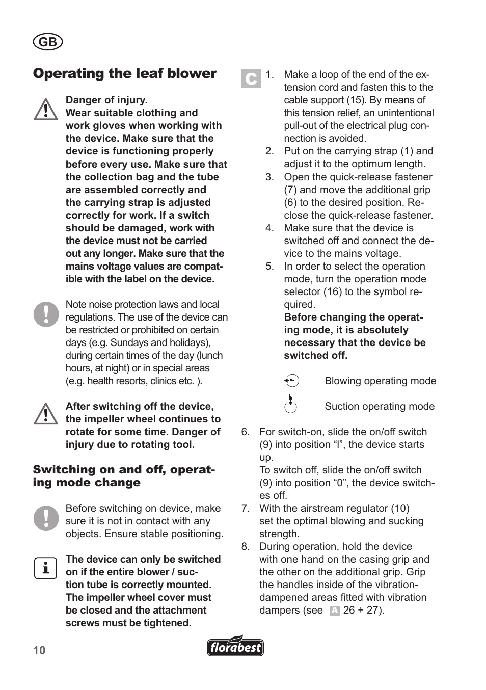 Operating the leaf blower | Florabest FLB 2500 A3 User Manual | Page 10 / 110