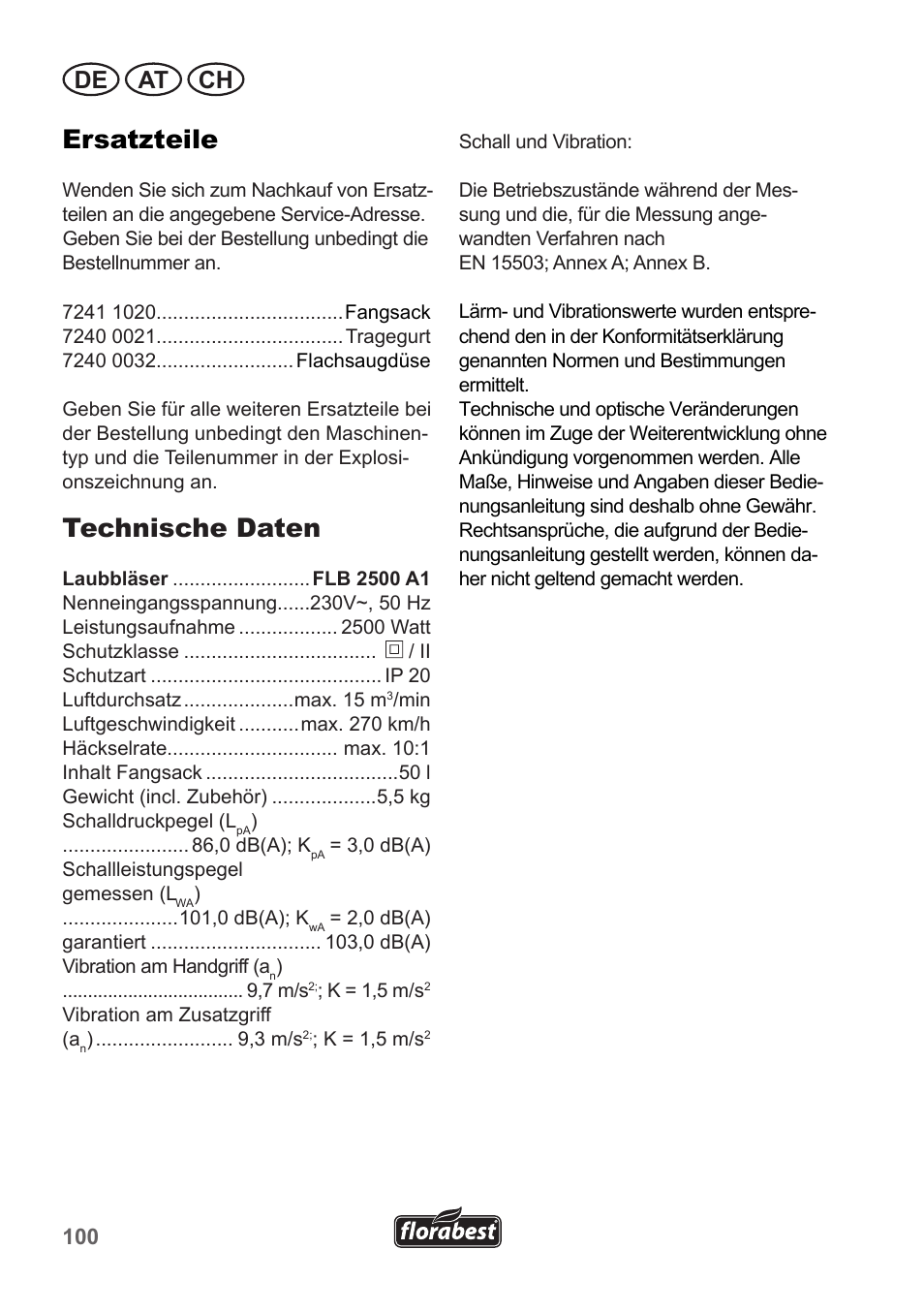 Ersatzteile, Technische daten, De at ch | Florabest FLB 2500 A3 User Manual | Page 100 / 110