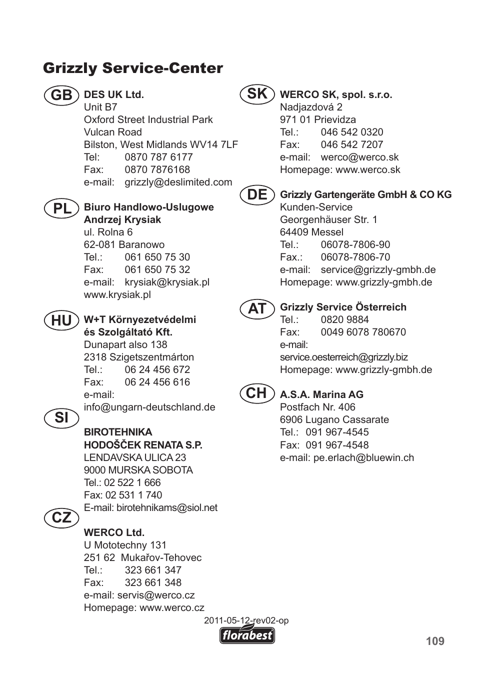 Cz gb si pl hu, At de sk ch, Grizzly service-center | Florabest FLB 2500 A3 User Manual | Page 109 / 110