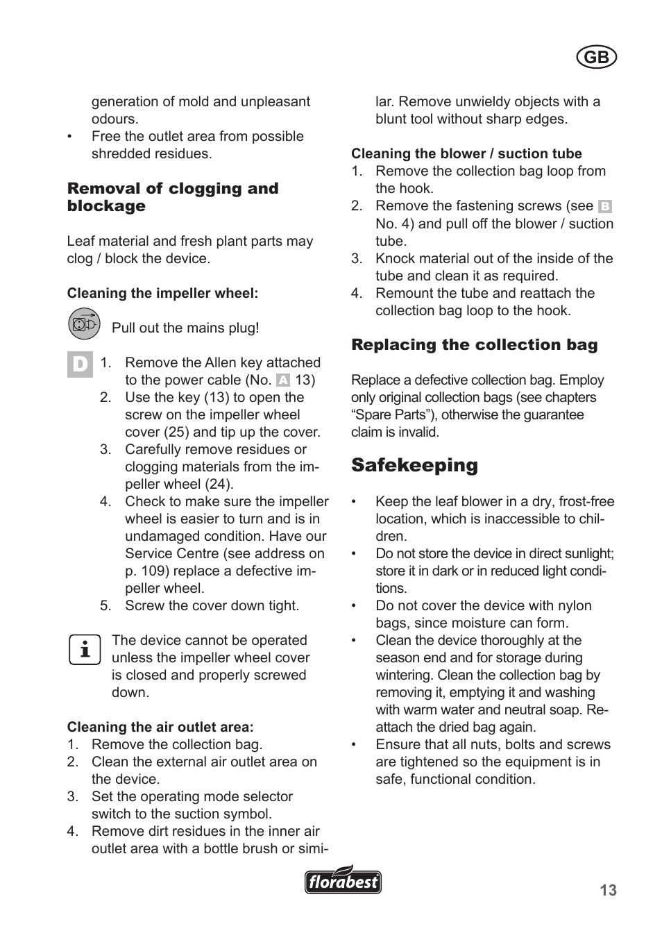 Safekeeping | Florabest FLB 2500 A3 User Manual | Page 13 / 110
