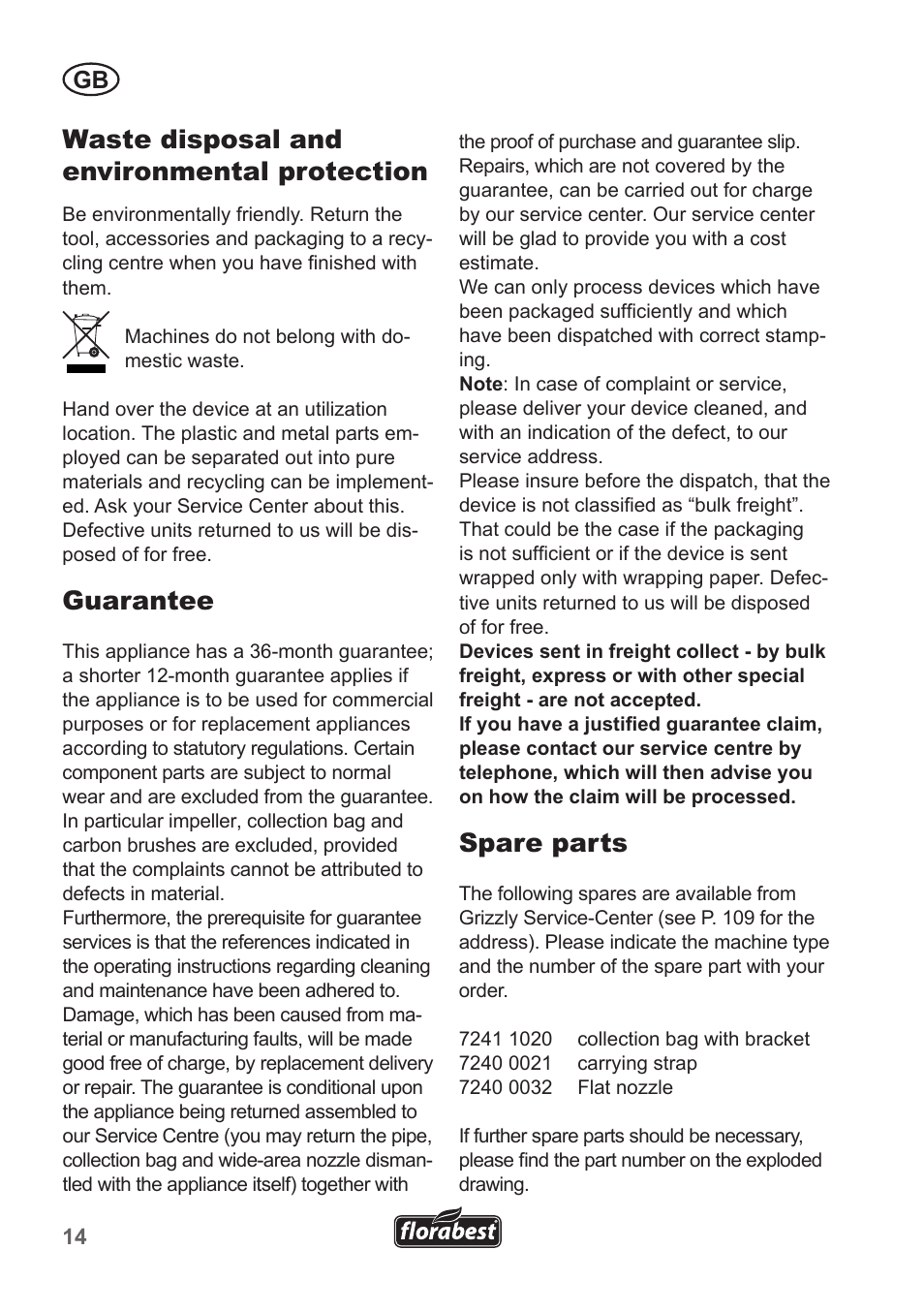 Waste disposal and environmental protection, Guarantee, Spare parts | Florabest FLB 2500 A3 User Manual | Page 14 / 110