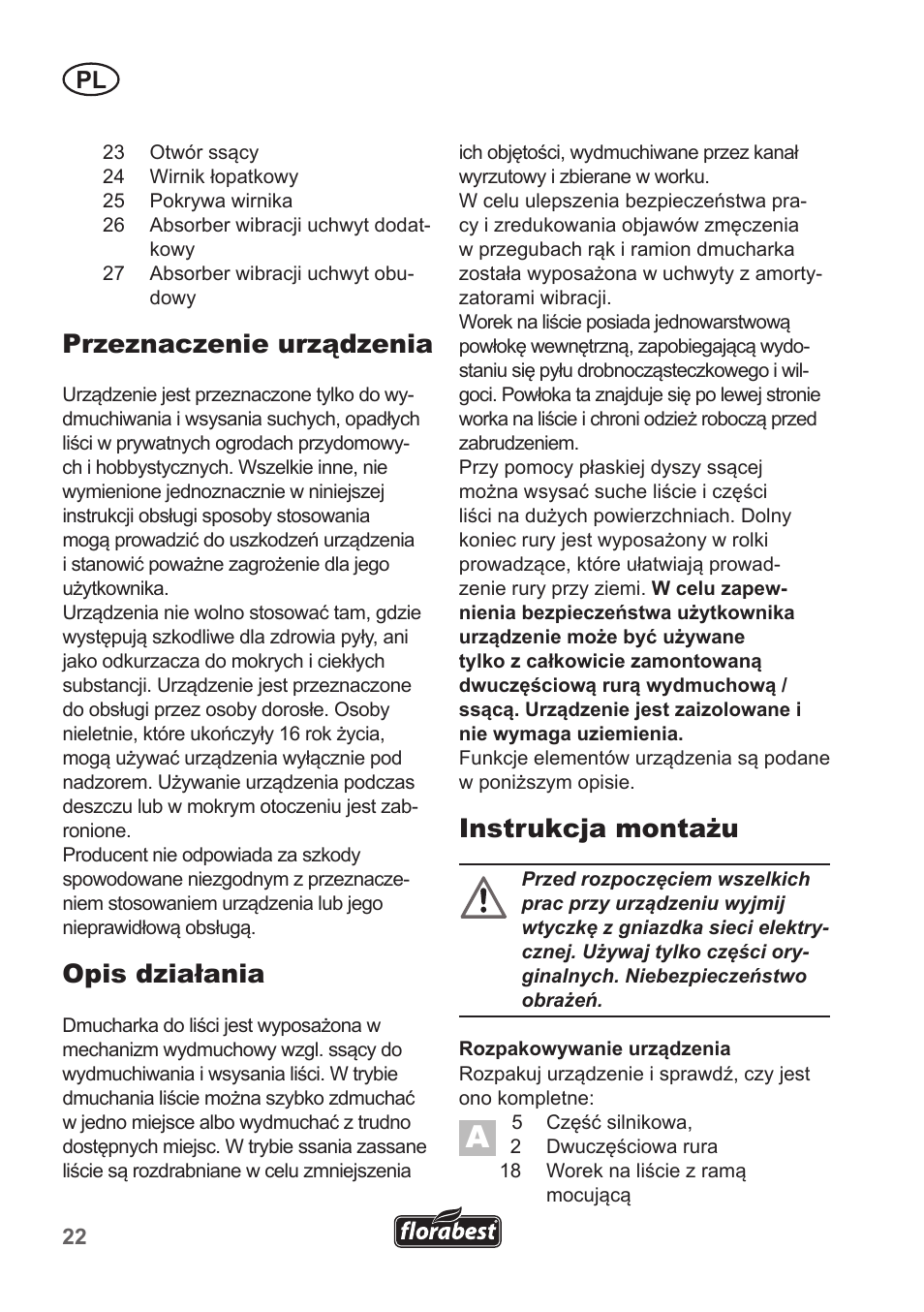 Przeznaczenie urządzenia, Opis działania, Instrukcja montażu | Florabest FLB 2500 A3 User Manual | Page 22 / 110