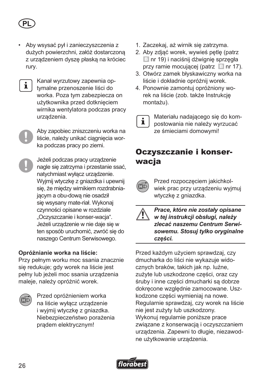 Oczyszczanie i konser- wacja | Florabest FLB 2500 A3 User Manual | Page 26 / 110