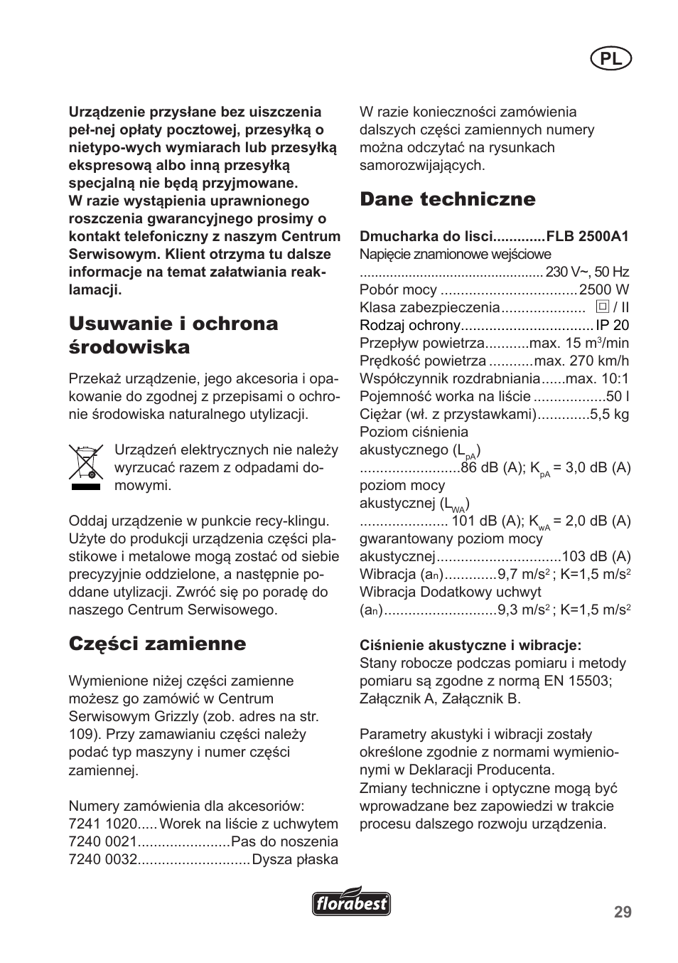 Usuwanie i ochrona środowiska, Części zamienne, Dane techniczne | Florabest FLB 2500 A3 User Manual | Page 29 / 110