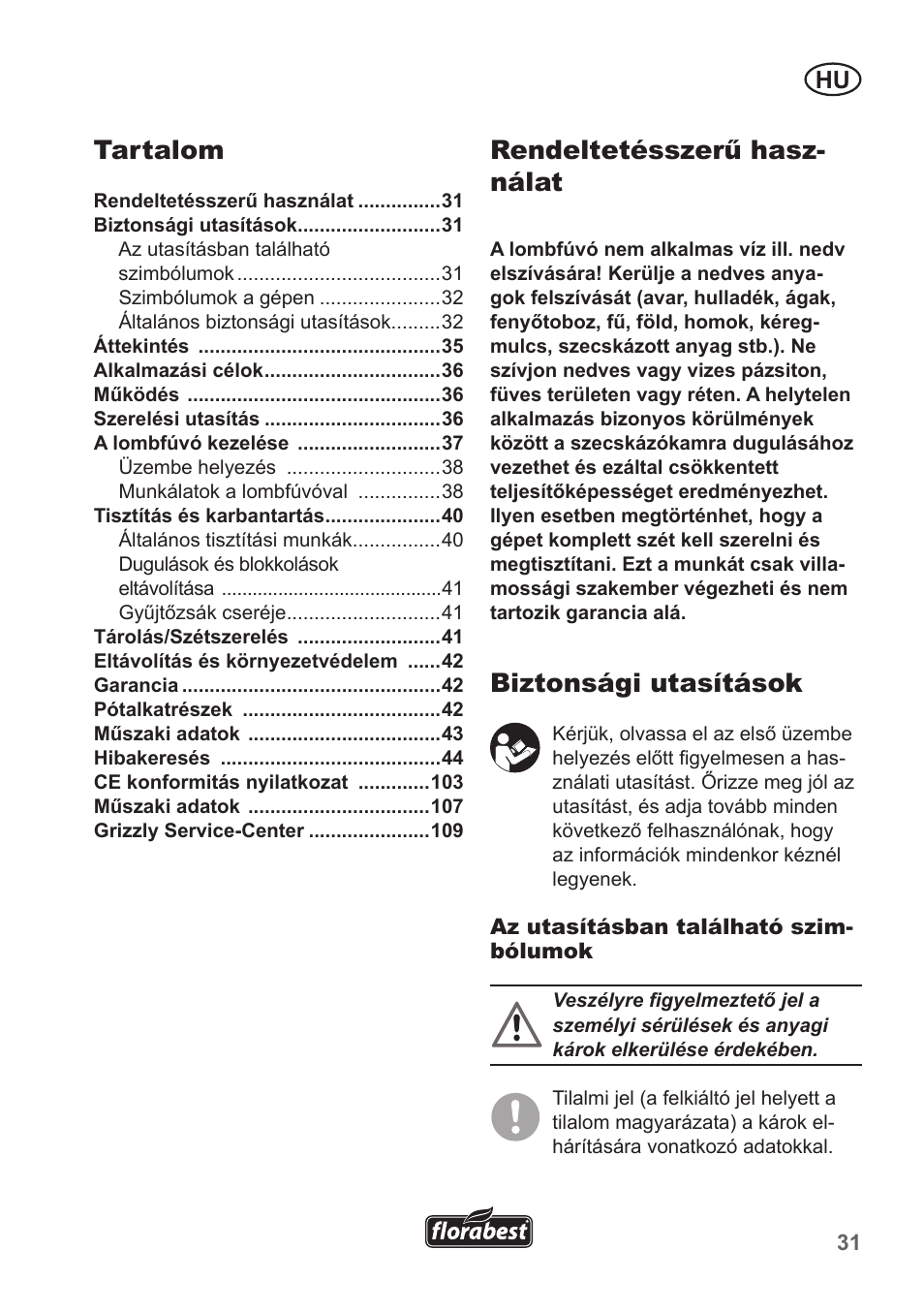 Rendeltetésszerű hasz- nálat, Biztonsági utasítások, Tartalom | Florabest FLB 2500 A3 User Manual | Page 31 / 110
