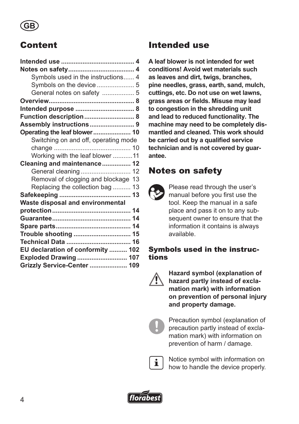 Intended use, Content | Florabest FLB 2500 A3 User Manual | Page 4 / 110