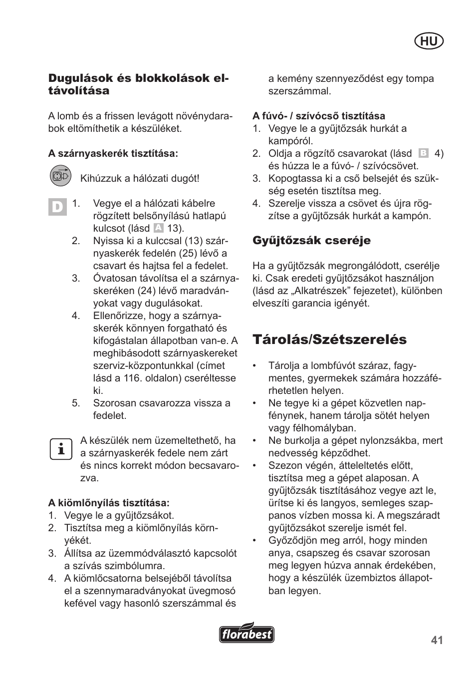Tárolás/szétszerelés | Florabest FLB 2500 A3 User Manual | Page 41 / 110