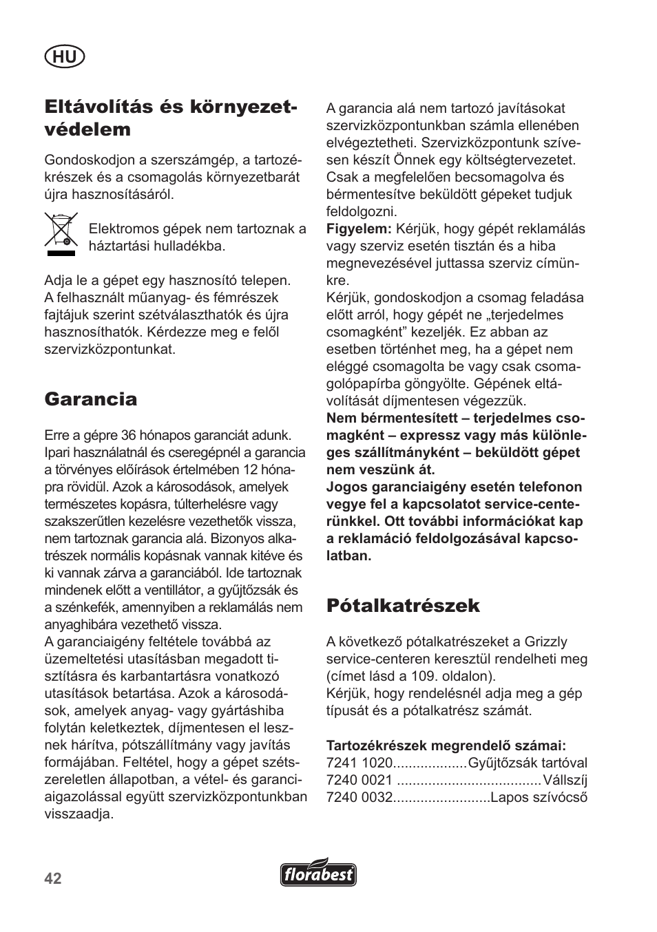 Eltávolítás és környezet- védelem, Garancia, Pótalkatrészek | Florabest FLB 2500 A3 User Manual | Page 42 / 110