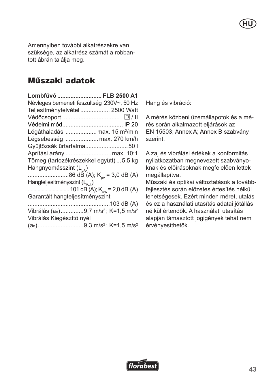Műszaki adatok | Florabest FLB 2500 A3 User Manual | Page 43 / 110
