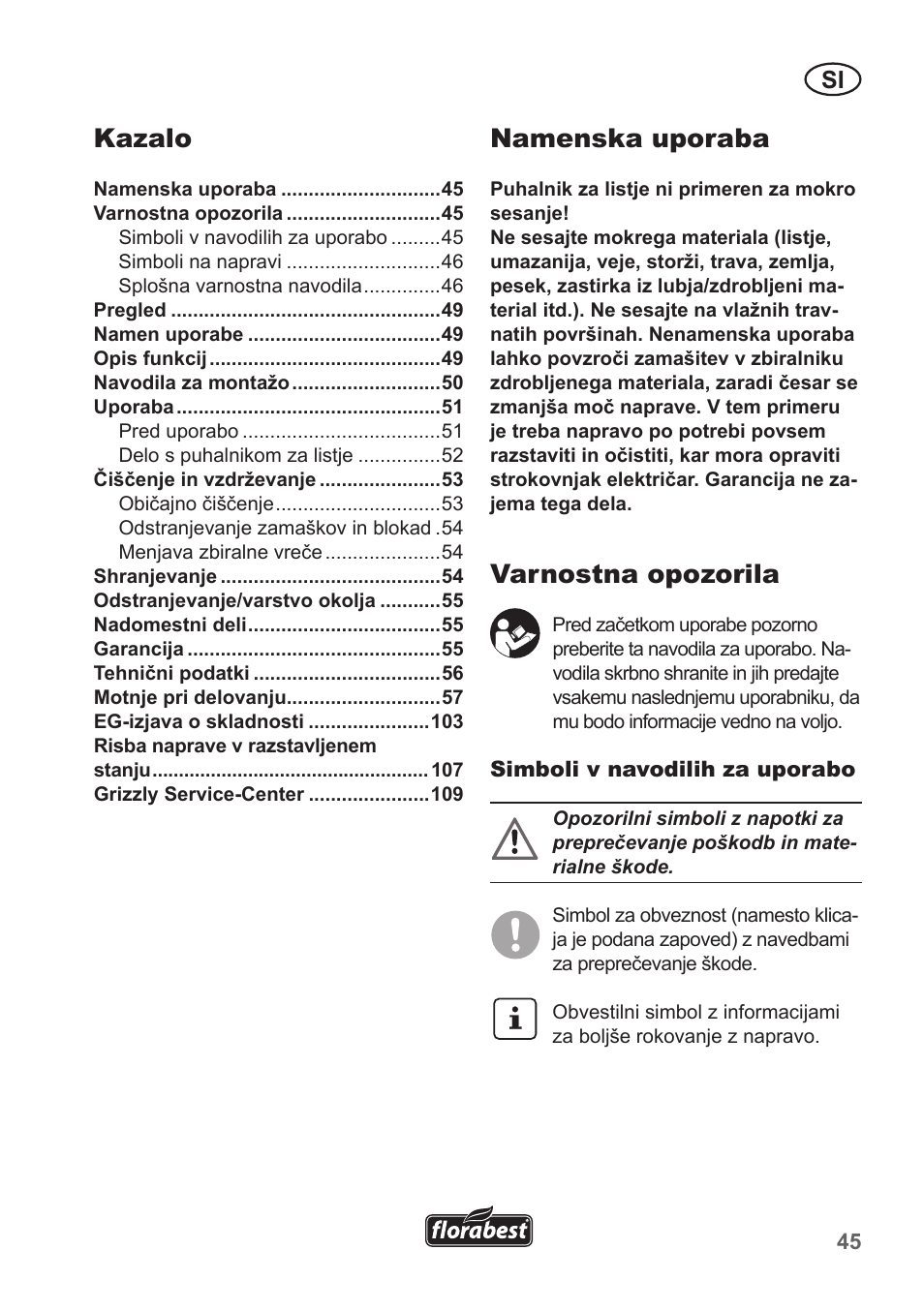 Namenska uporaba, Varnostna opozorila, Kazalo | Florabest FLB 2500 A3 User Manual | Page 45 / 110