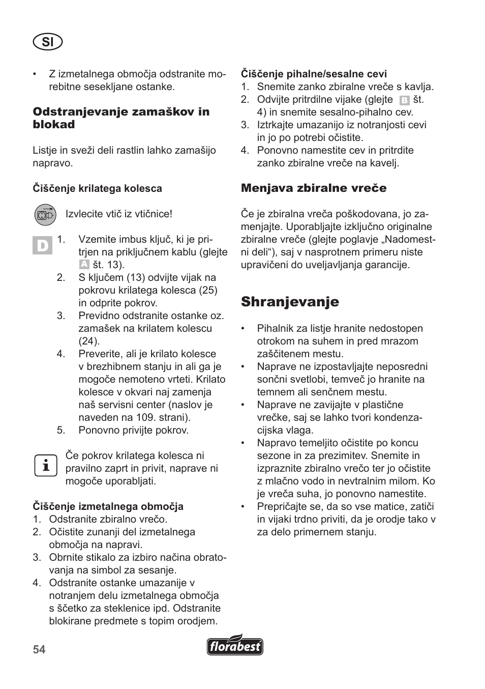 Shranjevanje | Florabest FLB 2500 A3 User Manual | Page 54 / 110