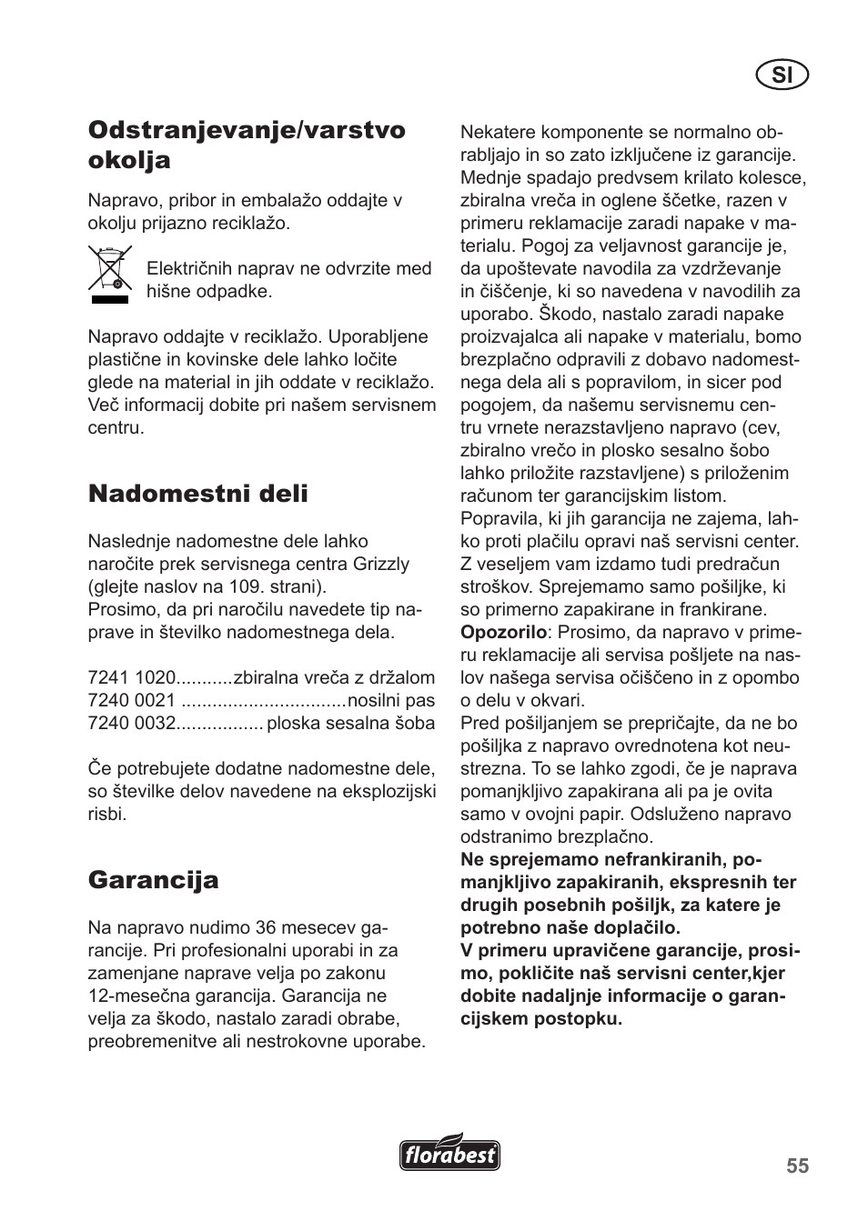 Odstranjevanje/varstvo okolja, Nadomestni deli, Garancija | Florabest FLB 2500 A3 User Manual | Page 55 / 110