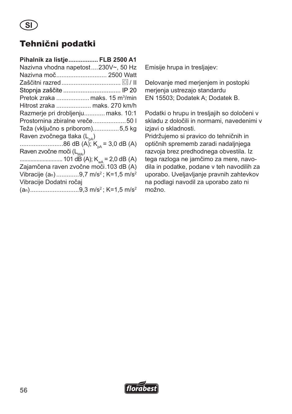 Tehnični podatki | Florabest FLB 2500 A3 User Manual | Page 56 / 110