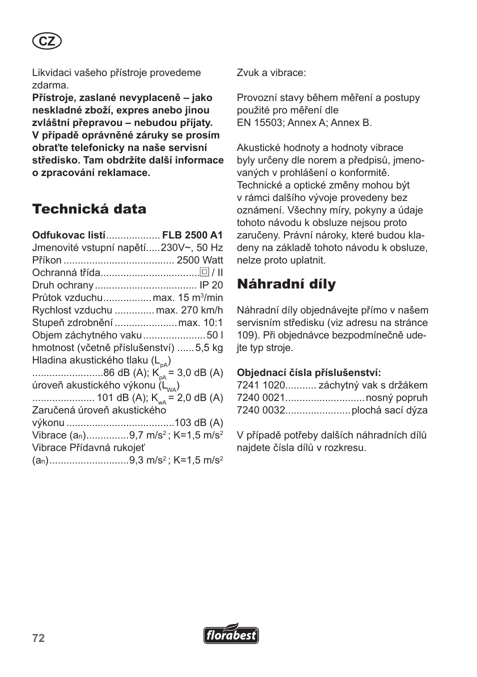 Technická data, Náhradní díly | Florabest FLB 2500 A3 User Manual | Page 72 / 110