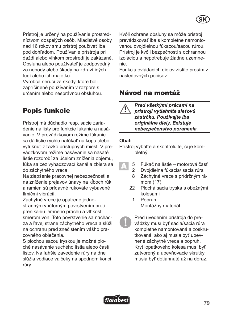 Popis funkcie, Návod na montáž | Florabest FLB 2500 A3 User Manual | Page 79 / 110