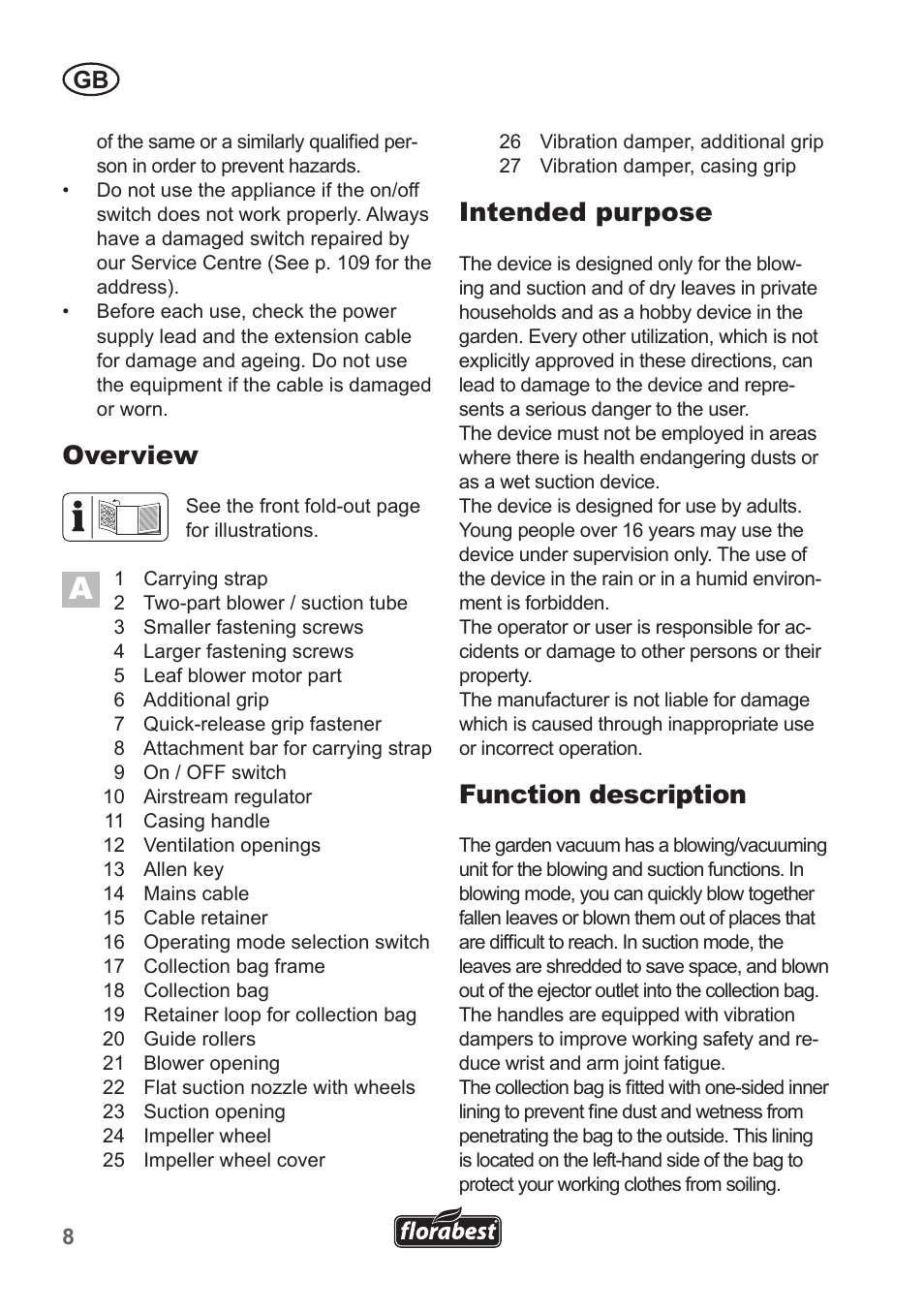 Overview, Intended purpose, Function description | Florabest FLB 2500 A3 User Manual | Page 8 / 110