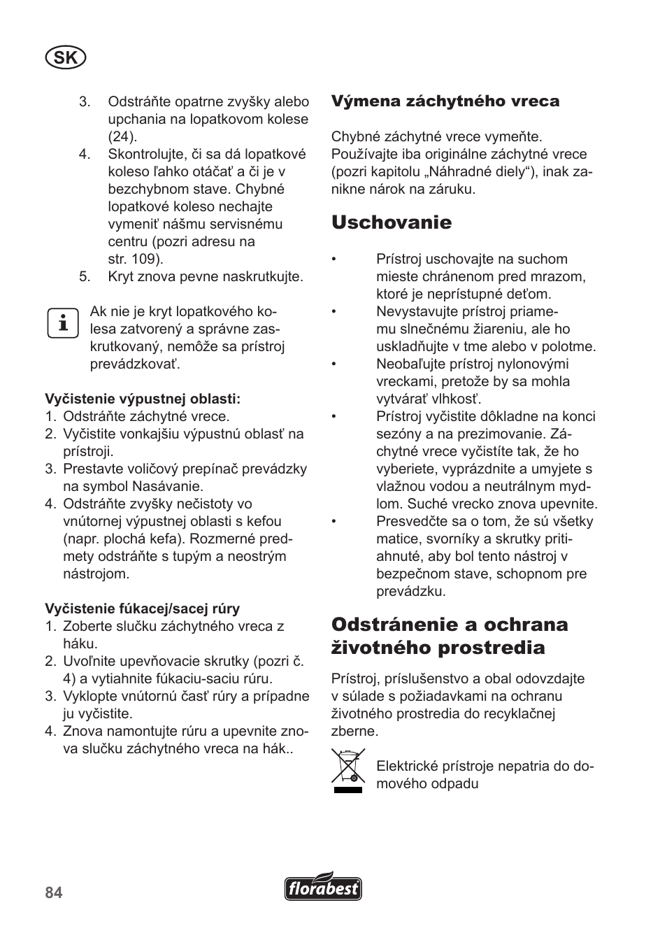Uschovanie, Odstránenie a ochrana životného prostredia | Florabest FLB 2500 A3 User Manual | Page 84 / 110