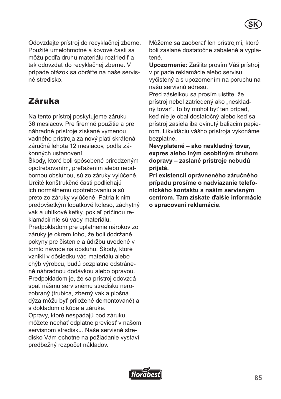 Záruka | Florabest FLB 2500 A3 User Manual | Page 85 / 110