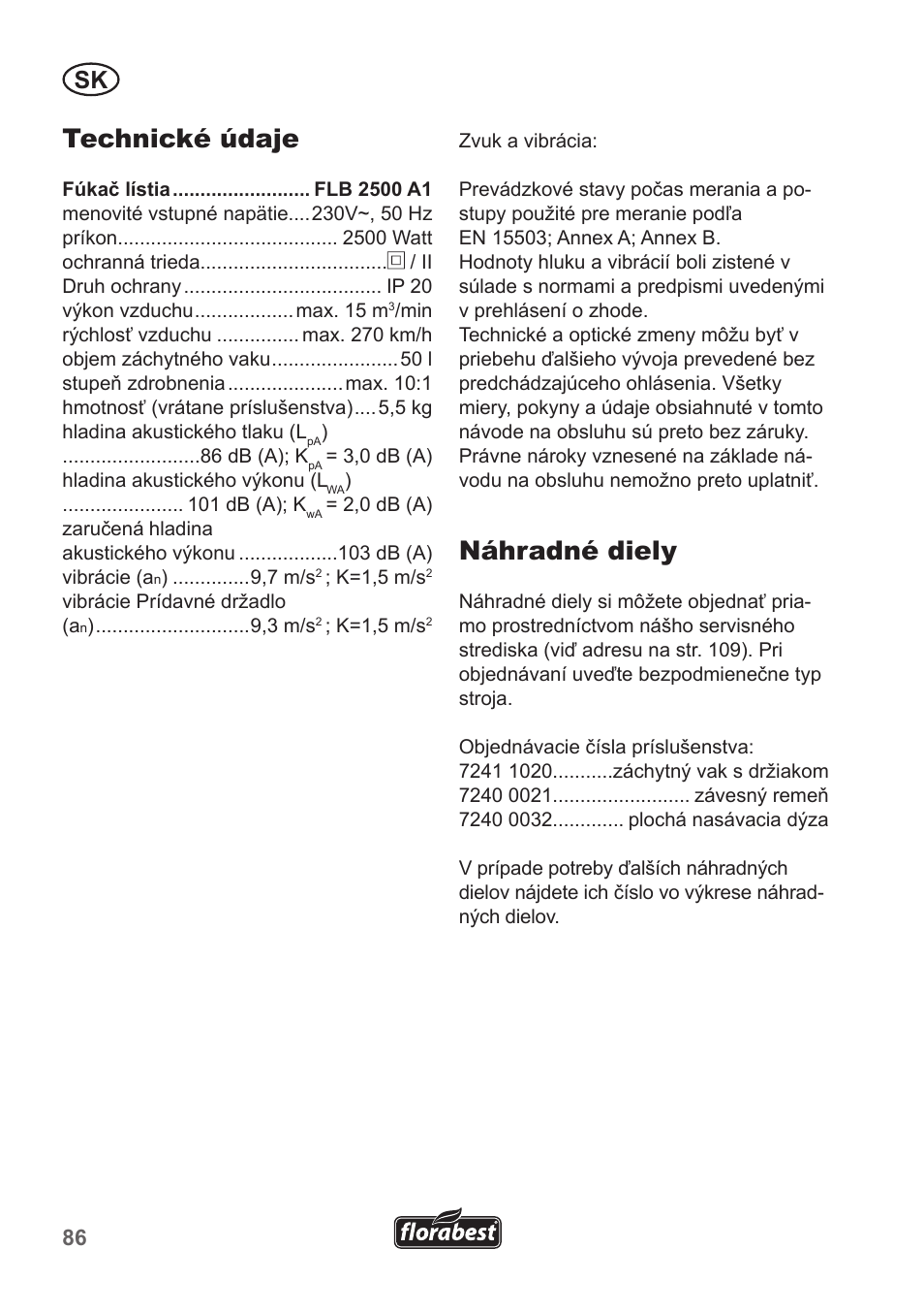 Technické údaje, Náhradné diely | Florabest FLB 2500 A3 User Manual | Page 86 / 110