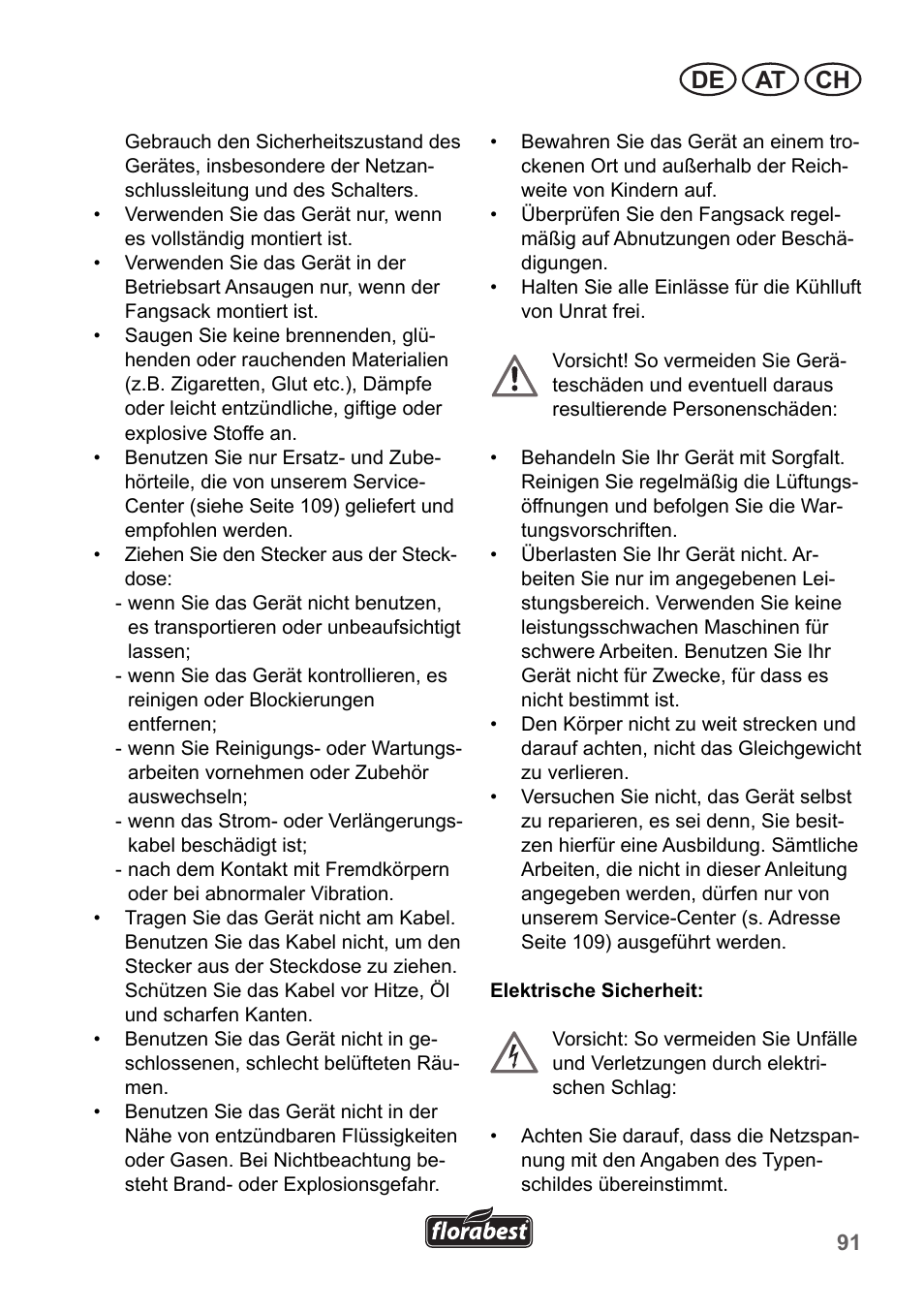 De at ch | Florabest FLB 2500 A3 User Manual | Page 91 / 110