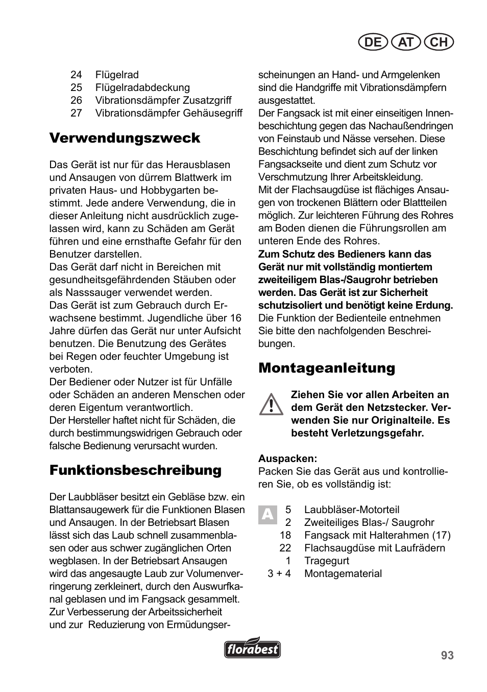 Verwendungszweck, Funktionsbeschreibung, Montageanleitung | De at ch | Florabest FLB 2500 A3 User Manual | Page 93 / 110
