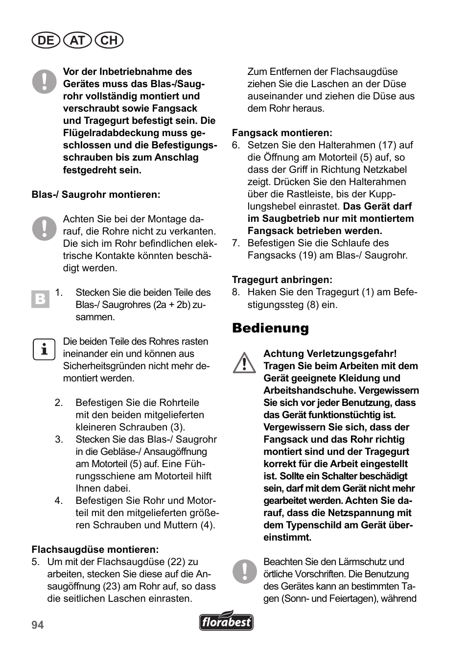 Bedienung, De at ch | Florabest FLB 2500 A3 User Manual | Page 94 / 110