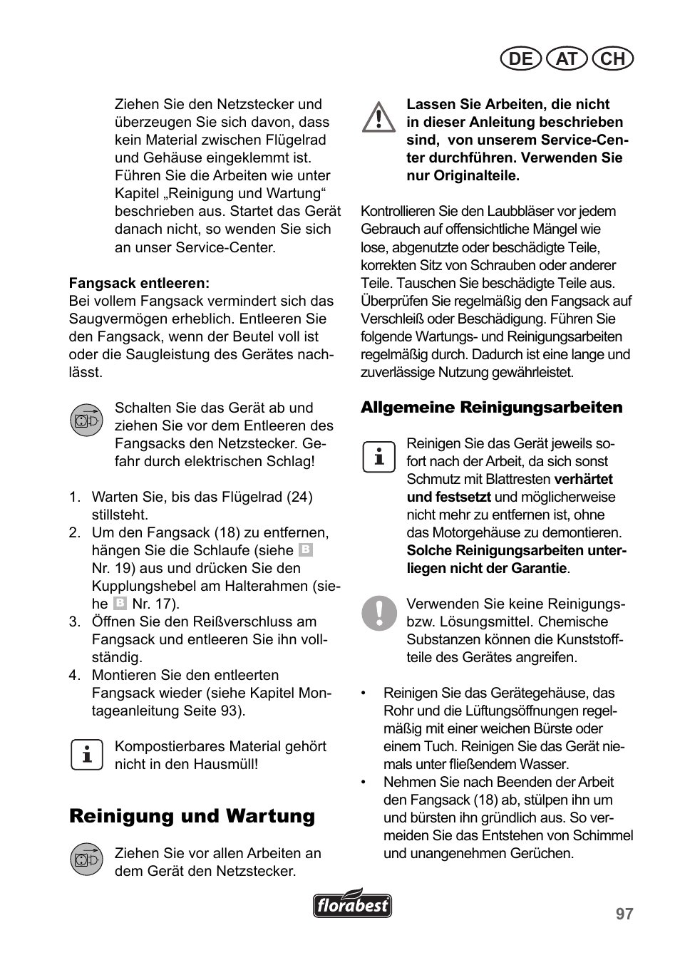 Reinigung und wartung, De at ch | Florabest FLB 2500 A3 User Manual | Page 97 / 110