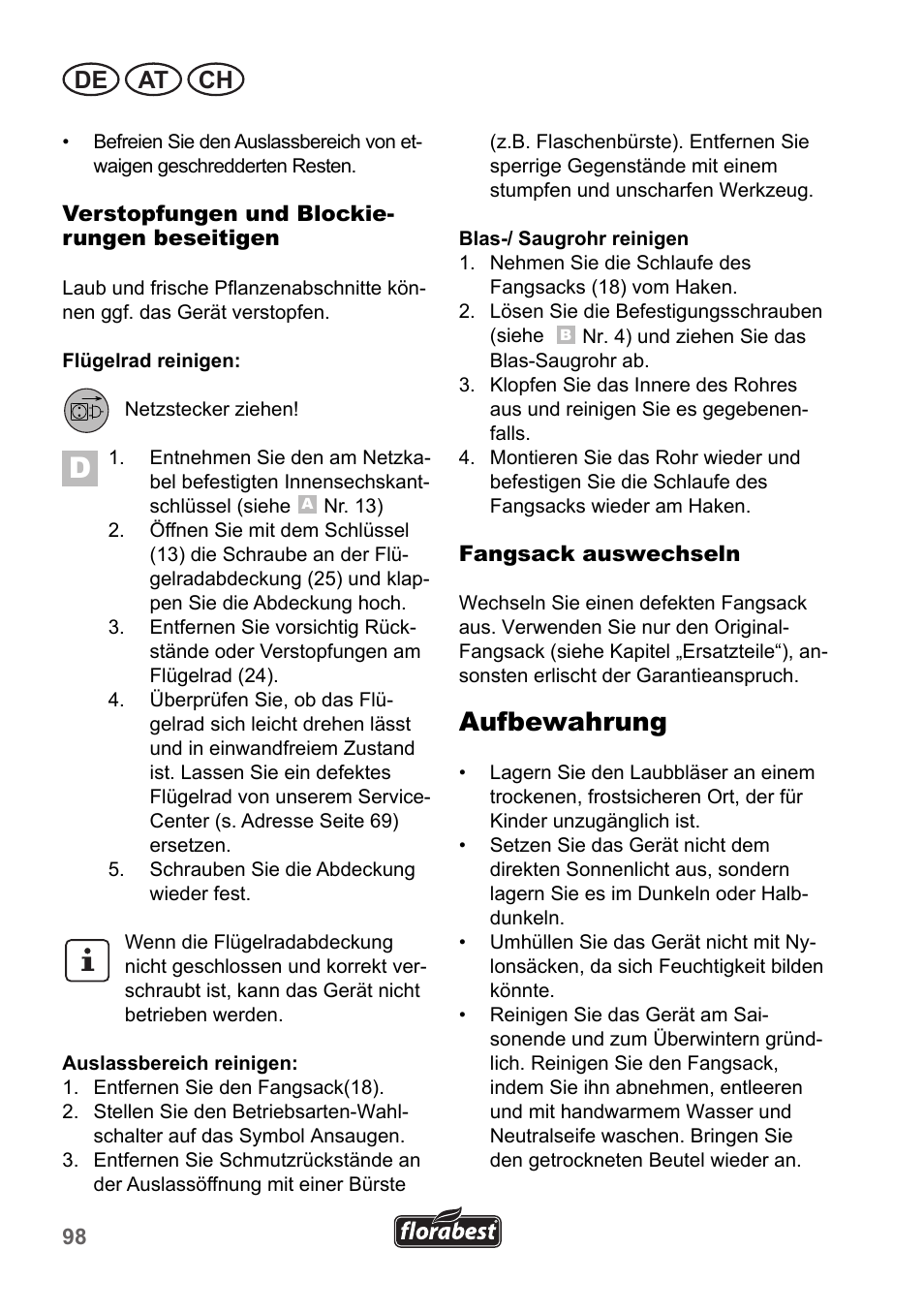 Aufbewahrung, De at ch | Florabest FLB 2500 A3 User Manual | Page 98 / 110