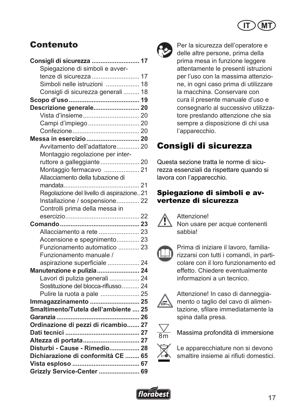 Consigli di sicurezza, Contenuto, It mt | Florabest FTP 400 A1 User Manual | Page 17 / 70