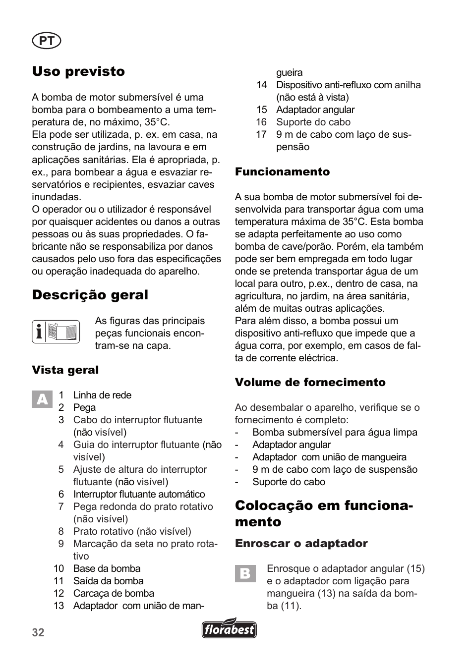 Uso previsto, Descrição geral, Colocação em funciona- mento | Florabest FTP 400 A1 User Manual | Page 32 / 70