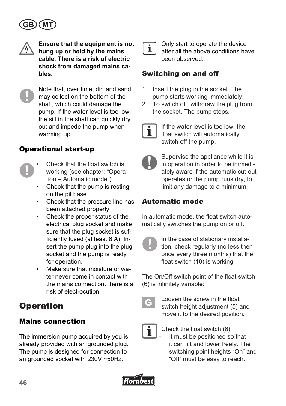 Operation, Gb mt | Florabest FTP 400 A1 User Manual | Page 46 / 70