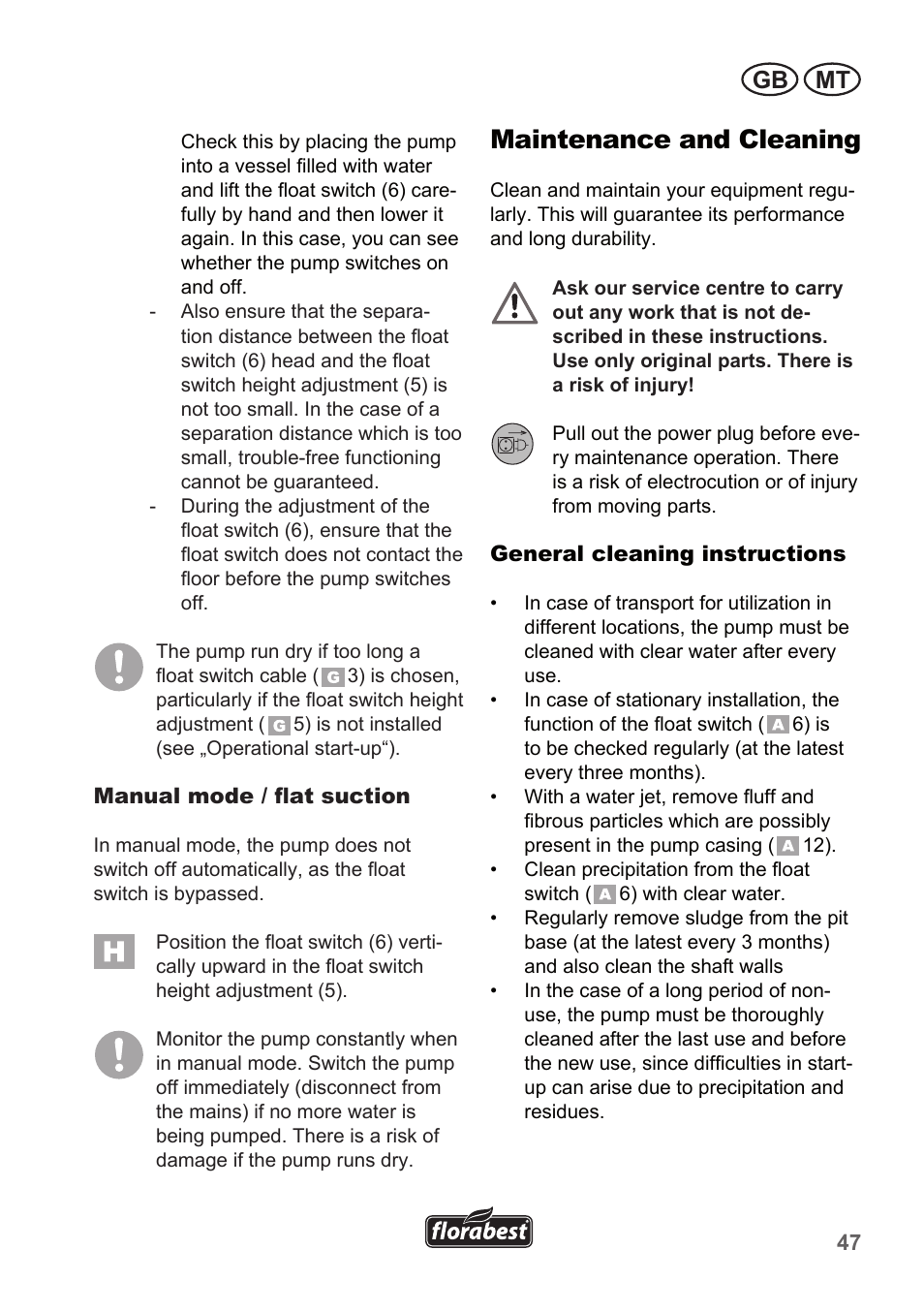 Maintenance and cleaning, Gb mt | Florabest FTP 400 A1 User Manual | Page 47 / 70