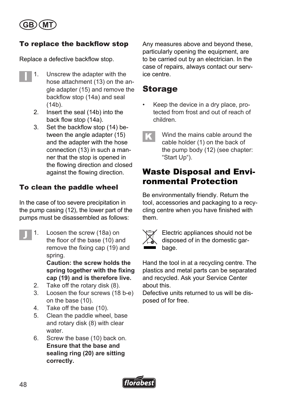 Storage, Waste disposal and envi- ronmental protection, Gb mt | Florabest FTP 400 A1 User Manual | Page 48 / 70