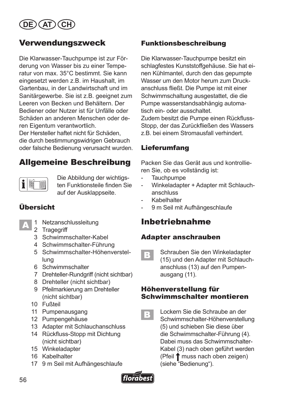 Verwendungszweck, Allgemeine beschreibung, Inbetriebnahme | De at ch | Florabest FTP 400 A1 User Manual | Page 56 / 70