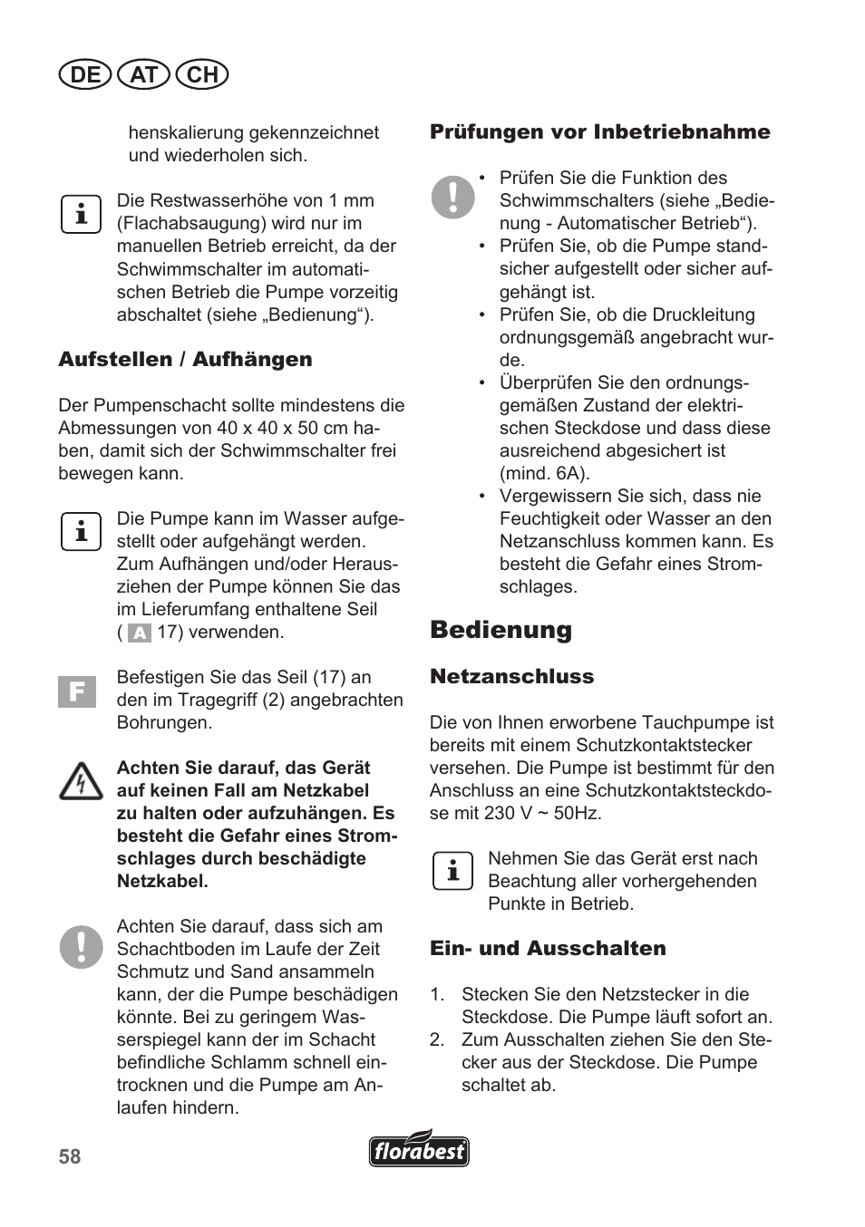 Bedienung, De at ch | Florabest FTP 400 A1 User Manual | Page 58 / 70