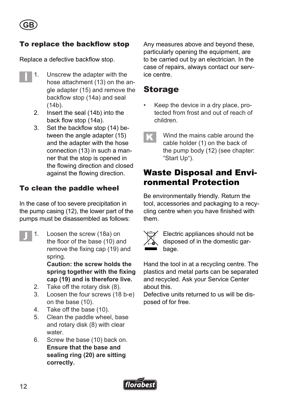 Storage, Waste disposal and envi- ronmental protection | Florabest FTP 400 A1 User Manual | Page 12 / 94